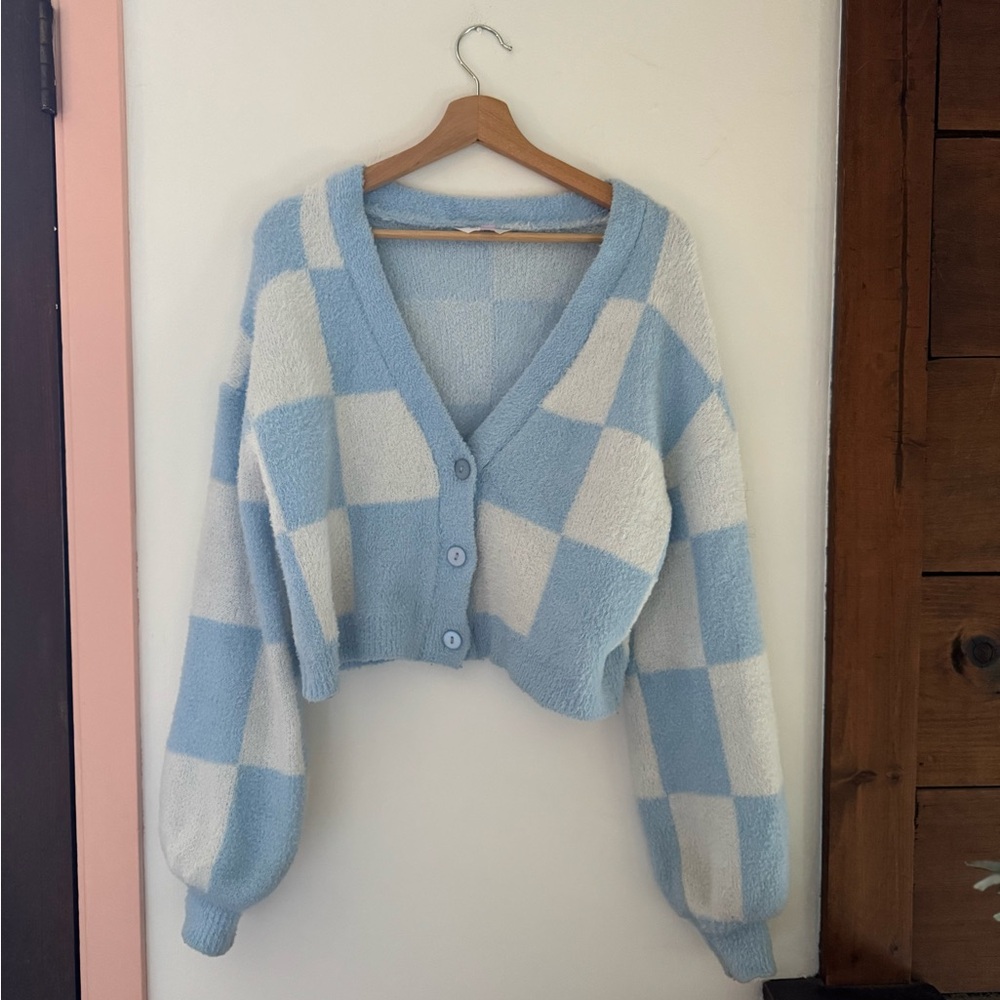 Blue and White Checkered Women's Sweater